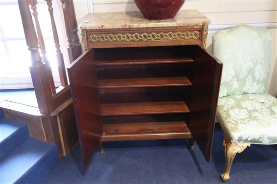 A French Louis XVI style ormolu mounted marquetry kingwood marble topped side cabinet, by Alexandre Hugnet, W.2ft 10.5in.